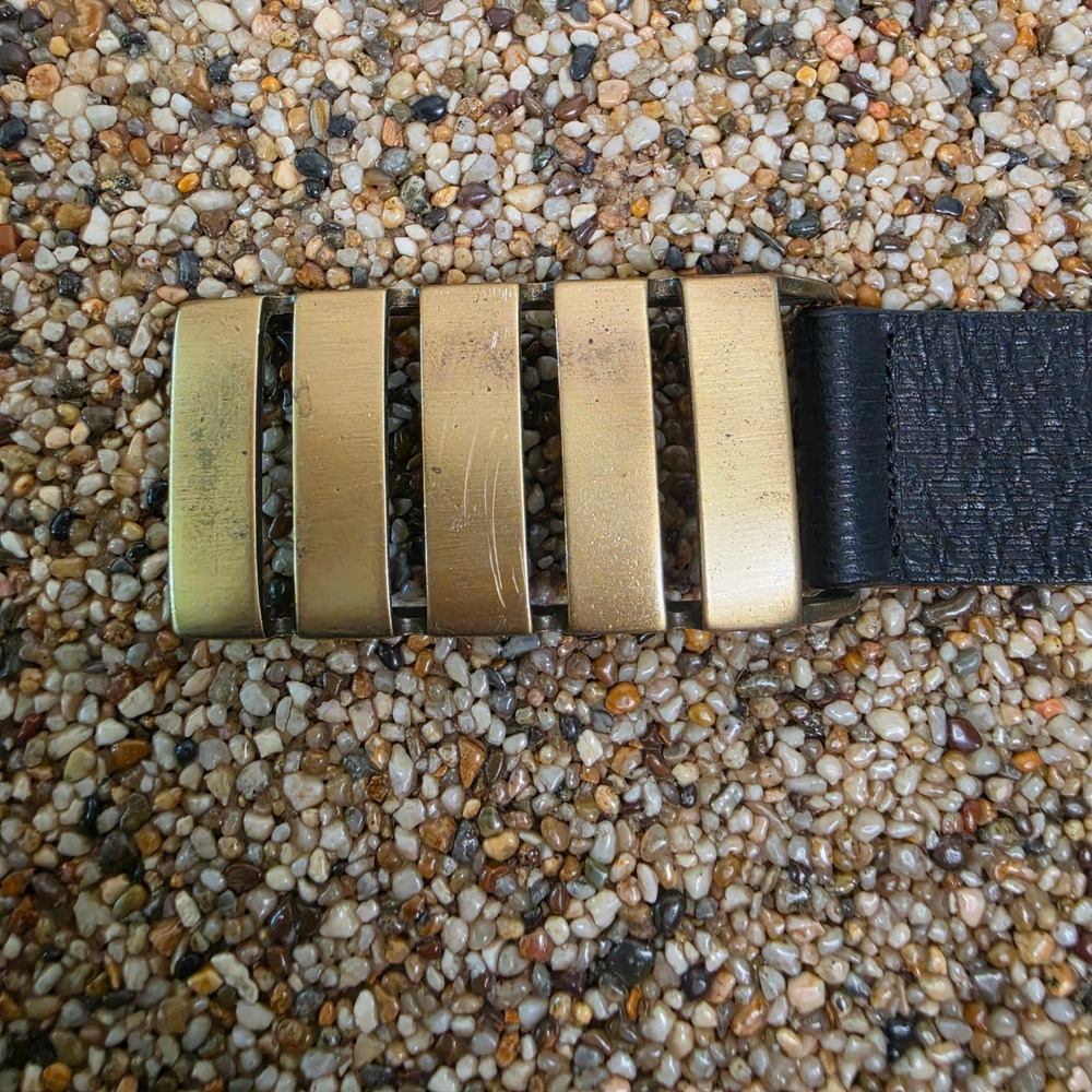 Worth New York Black Ribbed Leather Belt Gold Bar Buckle Made in Italy MD